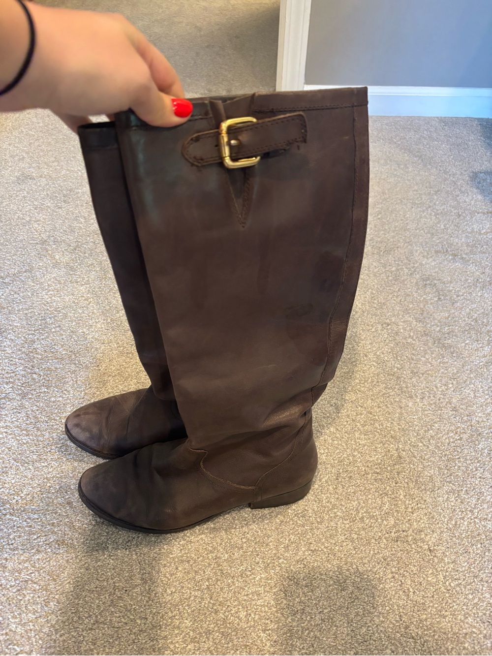 Ralph Lauren Tall Brown Leather Riding Boots with Buckle Size 8 (minor scuffs)